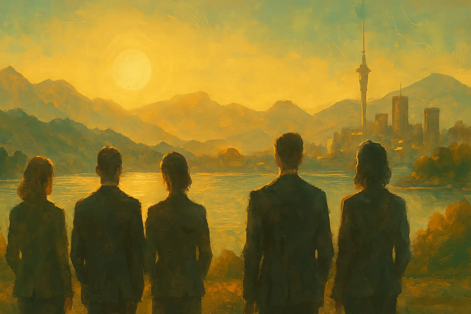 Sepia surrealistic art of New Zealand landmarks with five people looking out to sea