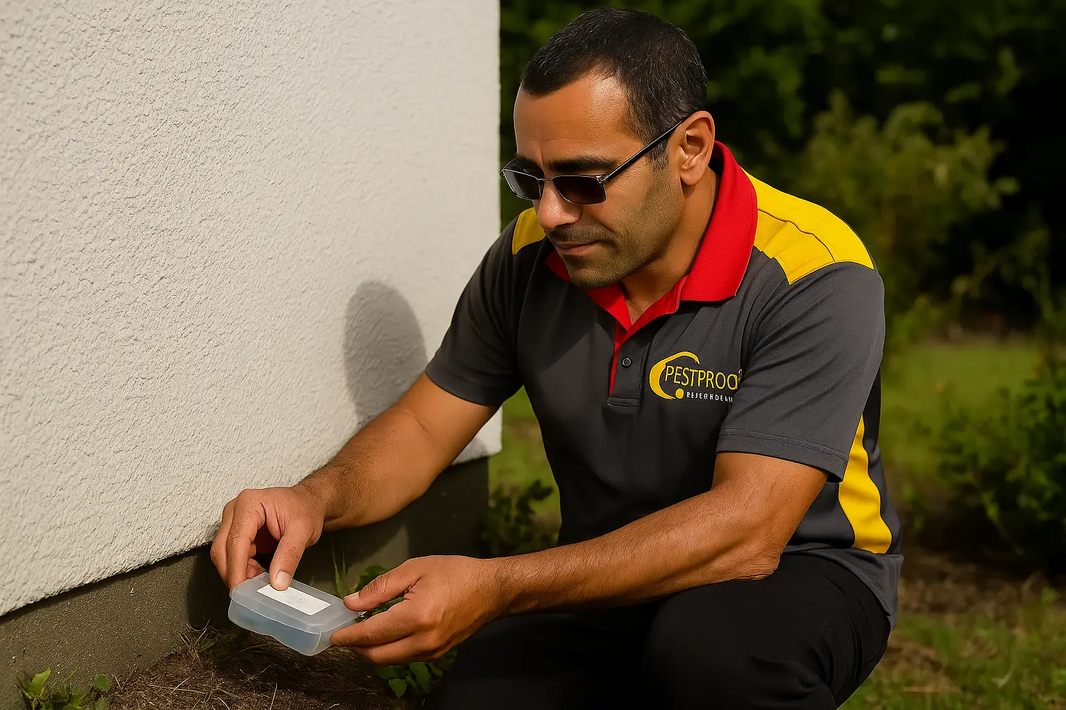 Pestproof Pest Control technician setting an outdoor ant bait trap during professional ant control service