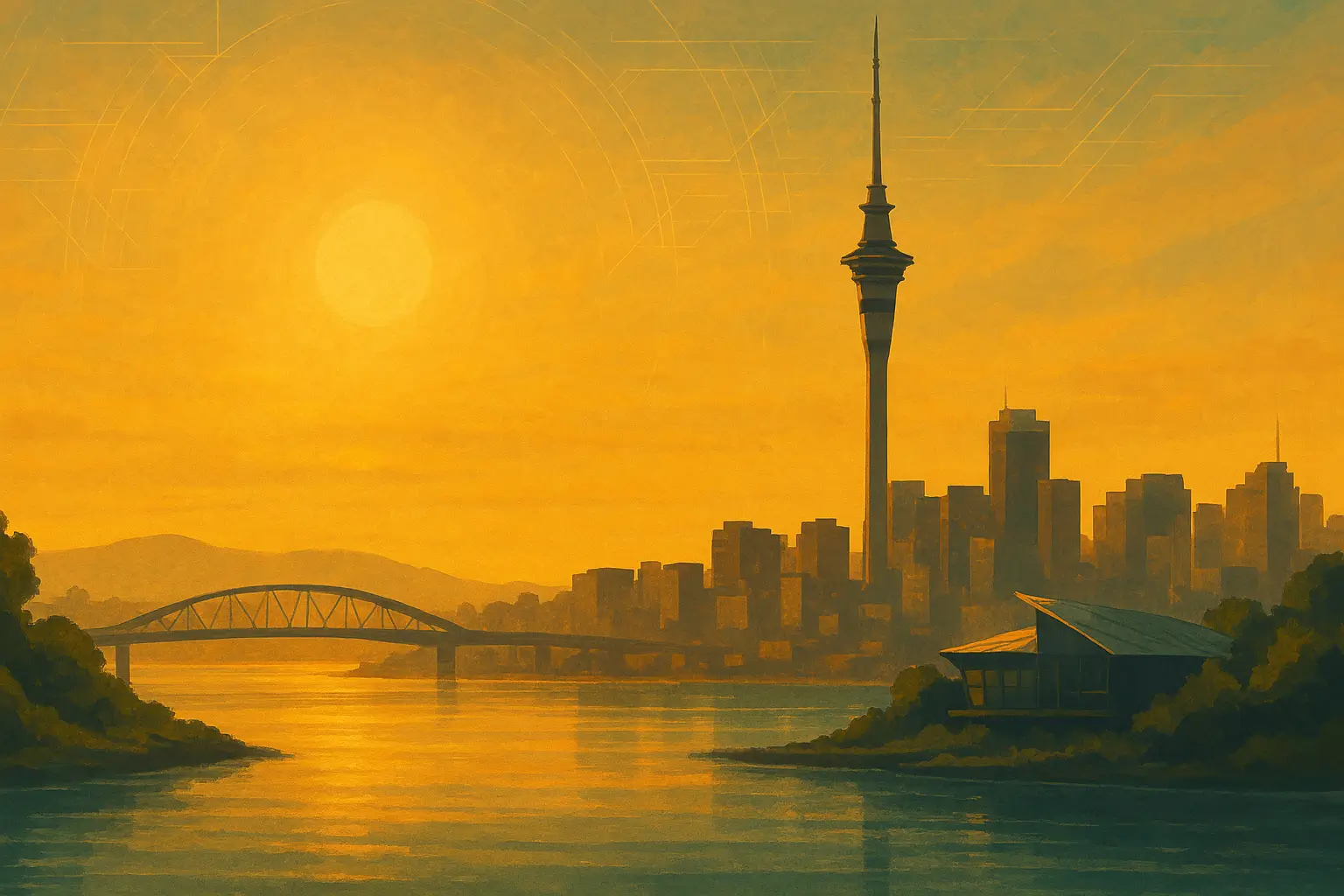 Sepia surrealistic art of Auckland landmarks including a bridge and the Sky Tower