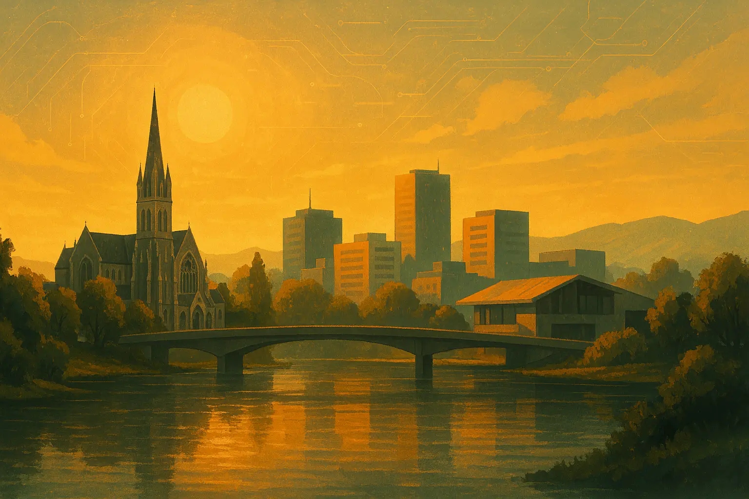 Sepia surrealistic art of Christchurch landmarks including Cathedral Square and Christchurch Bridge