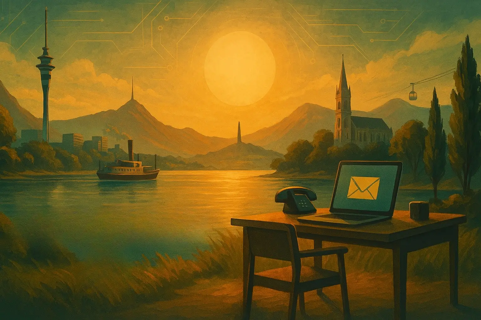 Sepia surrealistic art of New Zealand landmarks with a desk, notebook (envelope on screen), and phone