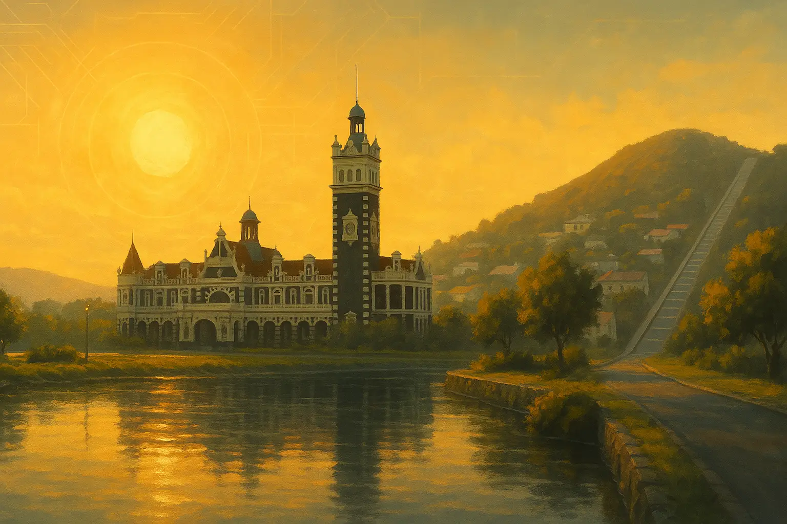 Sepia surrealistic art of Dunedin landmarks including Dunedin Railway Station