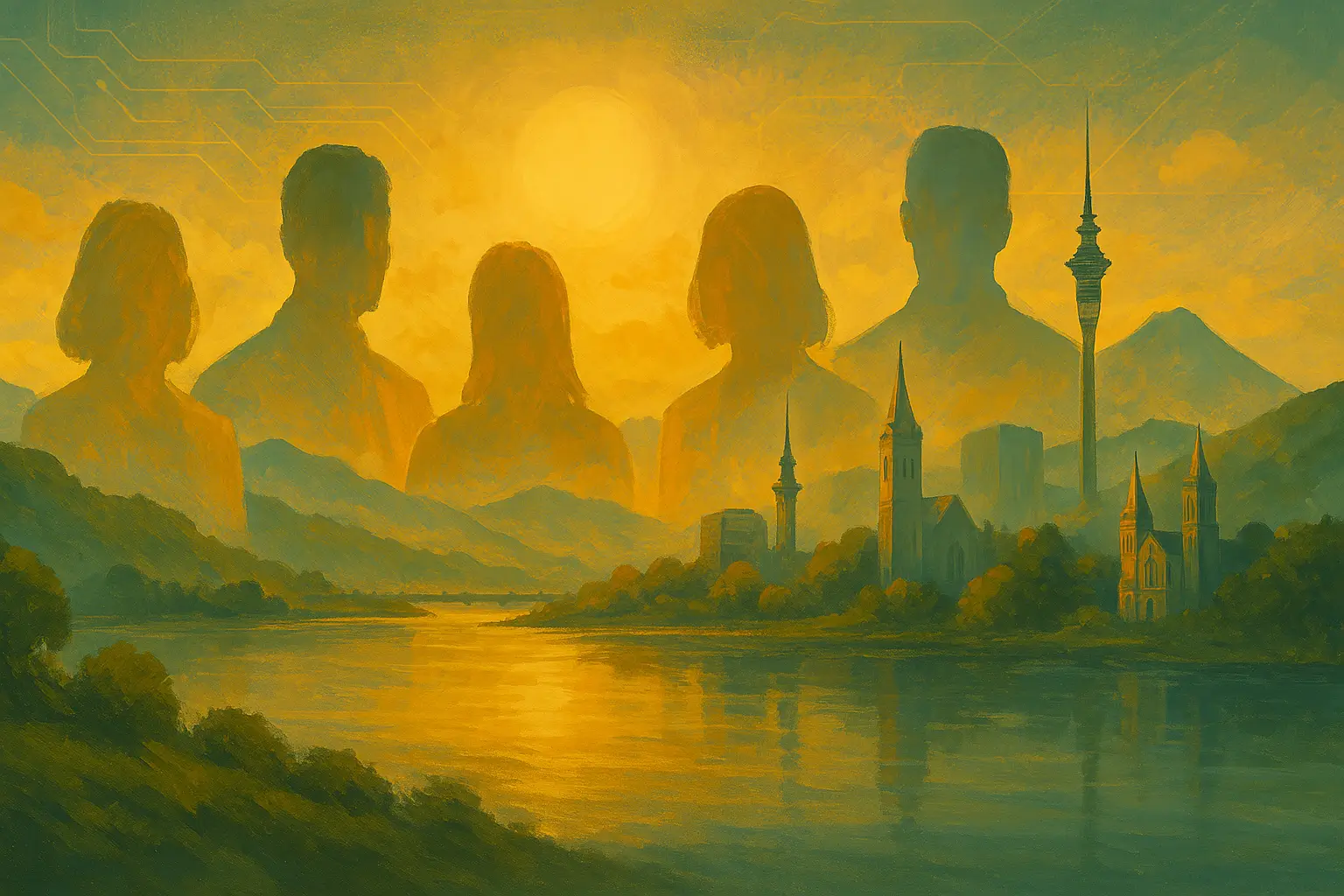 Sepia surrealistic art of NZ landmarks with five faceless figures looking toward sunset