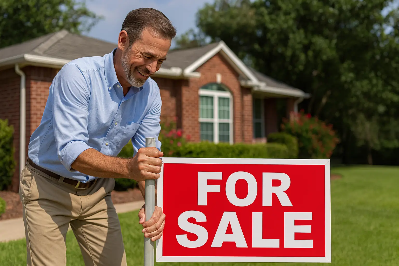 Man installing a bold red and white real estate “For Sale” sign in front of a brick home, printed by Web2Print Signs & Printing.