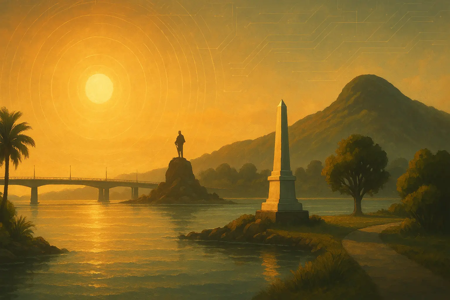 Sepia surrealistic art of Gisborne landmarks with bridge, statue, and pillar monument