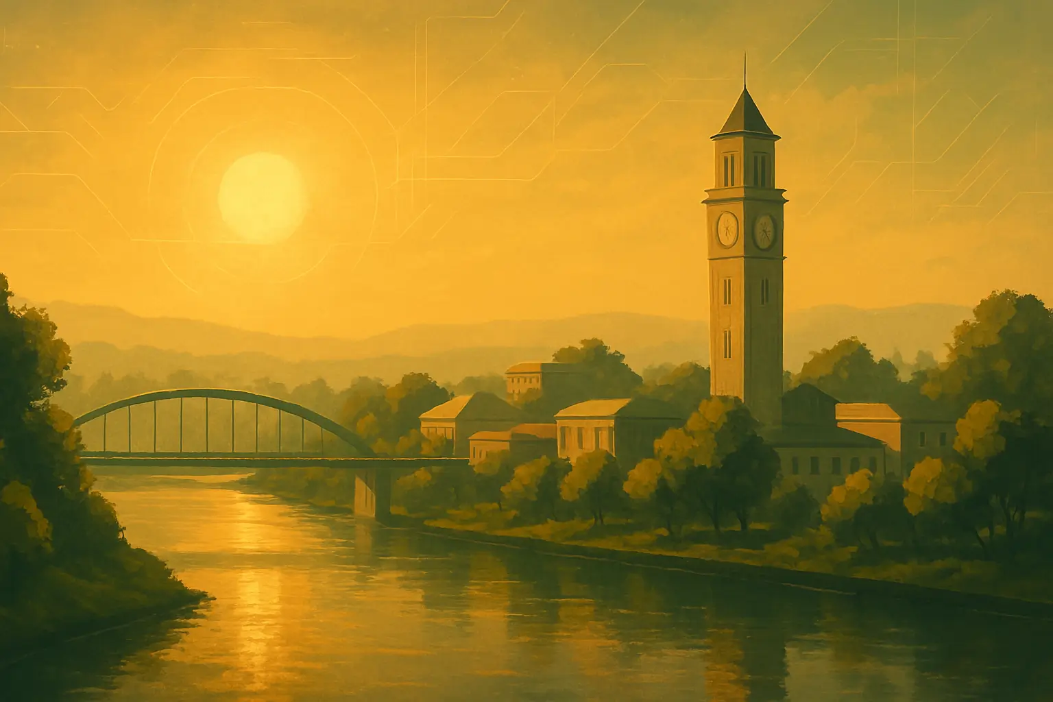 Sepia surrealistic art of Hamilton landmarks including Clock Tower at St Peters Cathedral and Fairfield Bridg