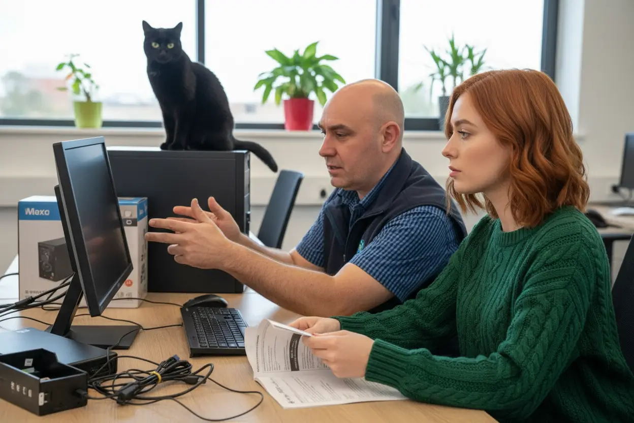 IT consultant from IT NEAR U assisting a customer with computer repair in Wellington office