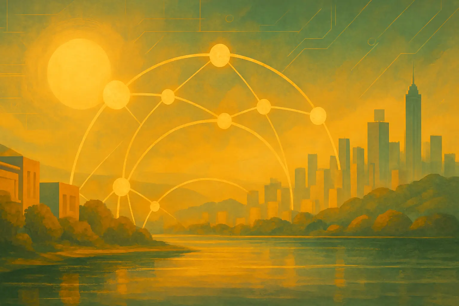 Sepia surrealistic art of businesses linked by a river, buildings, and circular network hubs