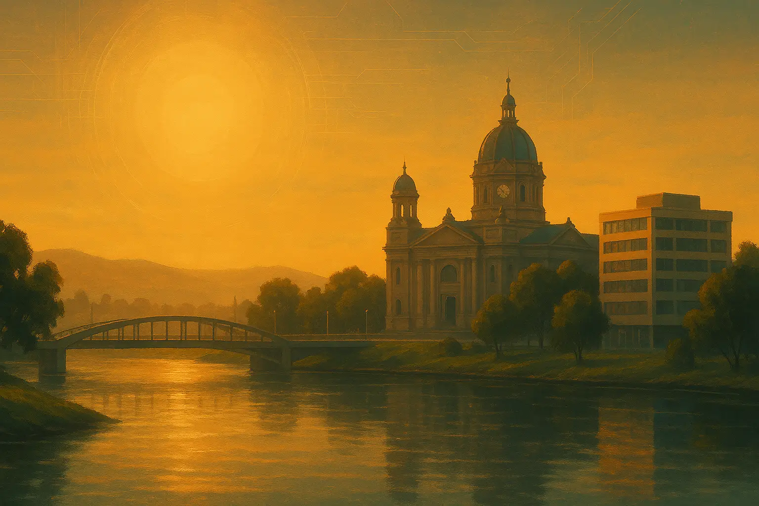 Sepia surrealistic art of Invercargill landmarks, riverfront, bridge, and local buildings