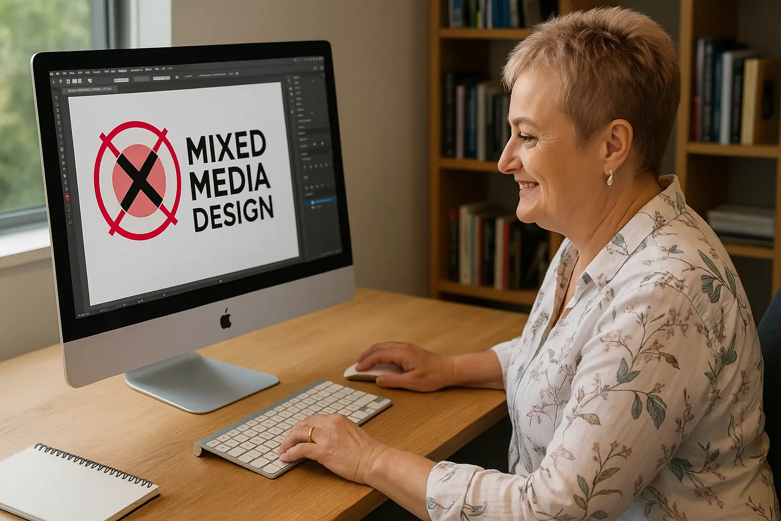 Kapiti Graphic Designer working on logo design at an iMac in a home office.