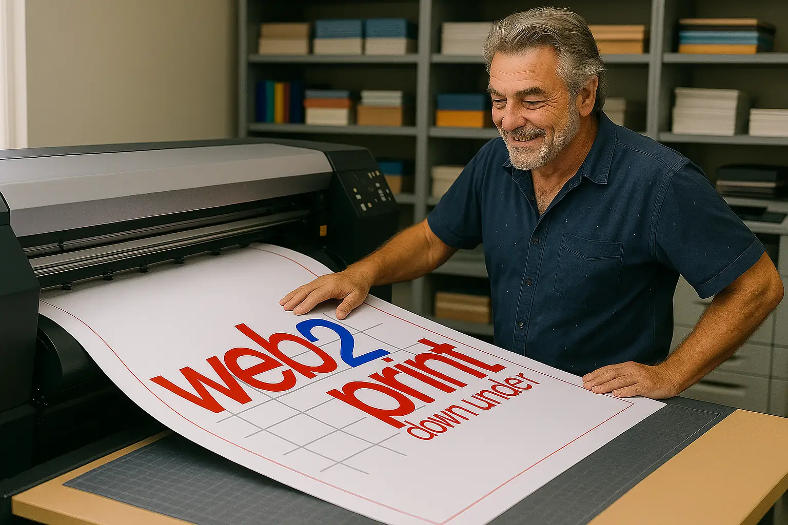 Man operating a wide-format printer producing a vibrant banner for Web2Print Signs & Printing in New Zealand.