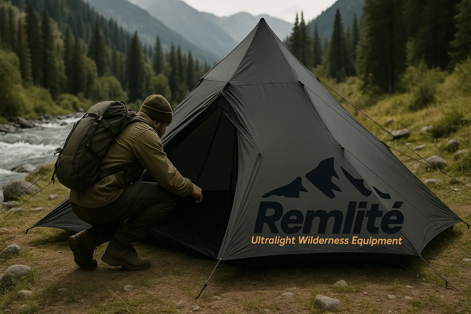 Backpacker crouching to enter a Remlite Liteway ultralight tent pitched beside a flowing mountain stream in New Zealand wilderness.