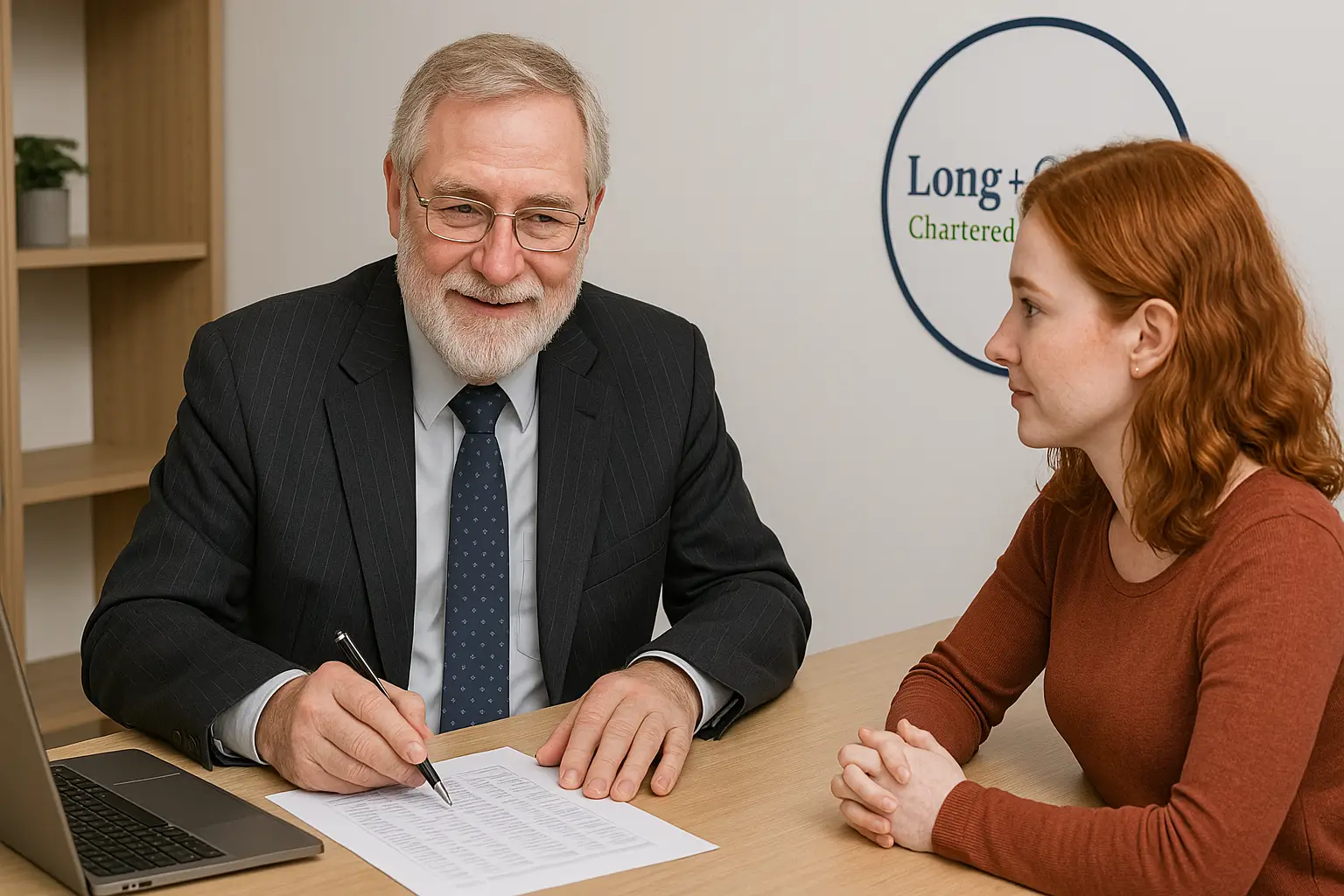Ben Stockbridge from Long & Cowan advising a woman with red hair on financial and accounting matters