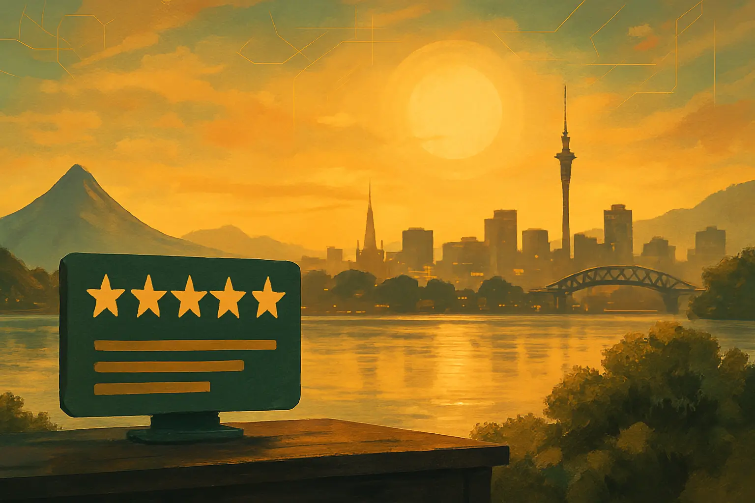 Sepia surrealistic art of NZ landmarks, sea, mountains, five-star sign and ratings bars