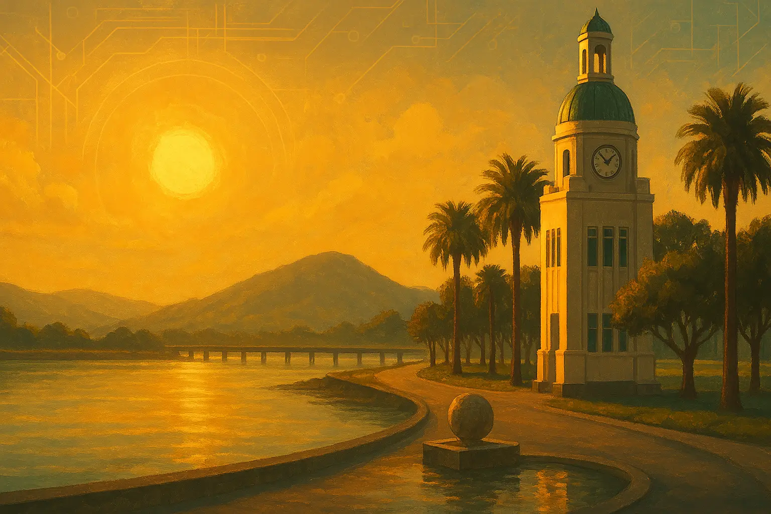 Sepia surrealistic art of Napier Clock Tower and sculptures on Marine Parade