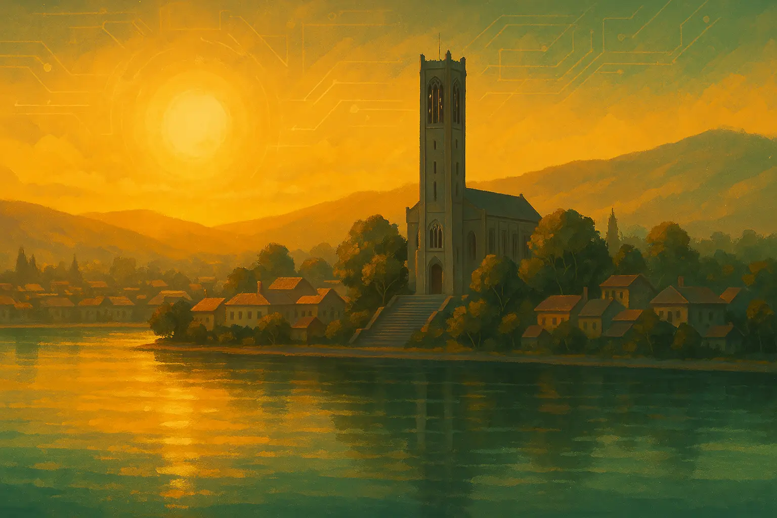 Sepia surrealistic art of Nelson landmarks and coastline or riverfront