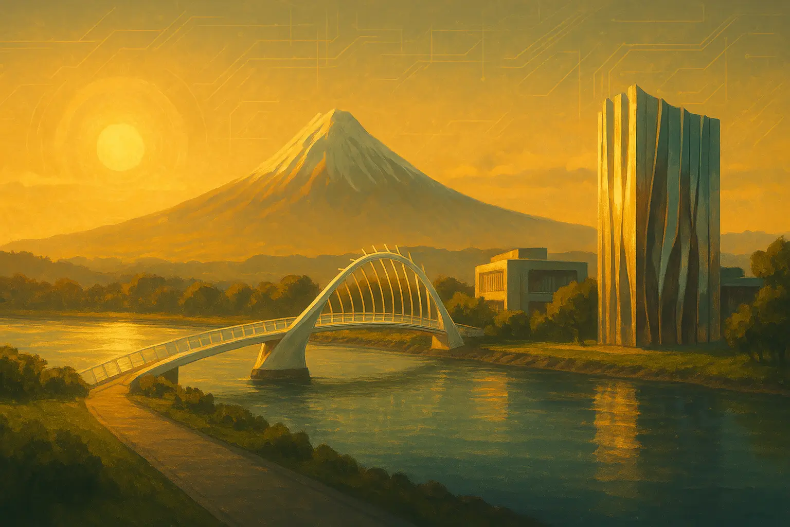 Sepia surrealistic art of New Plymouth landmarks including Mount Taranaki, Te Rewa Rewa Bridge, and Clock Tower