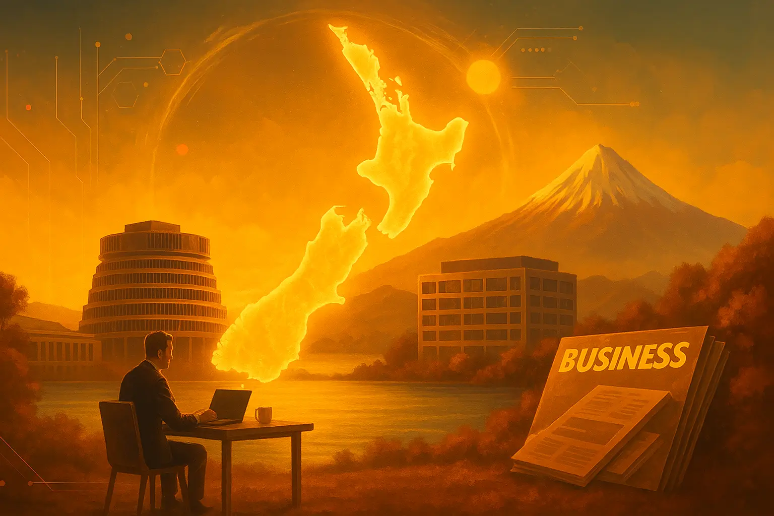 Sepia surrealistic art of NZ landmarks with glowing map, "BUSINESS" sign, and man in suit working on notebook