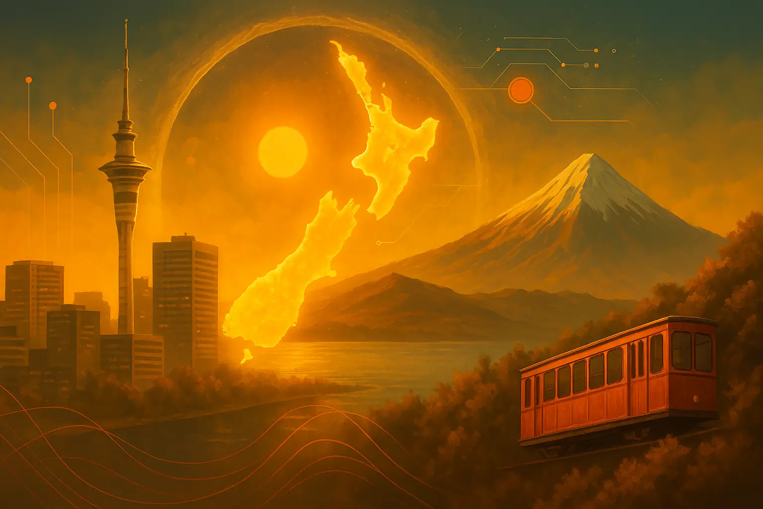 Sepia surrealistic art of NZ landmarks with glowing yellow map of both islands in centre