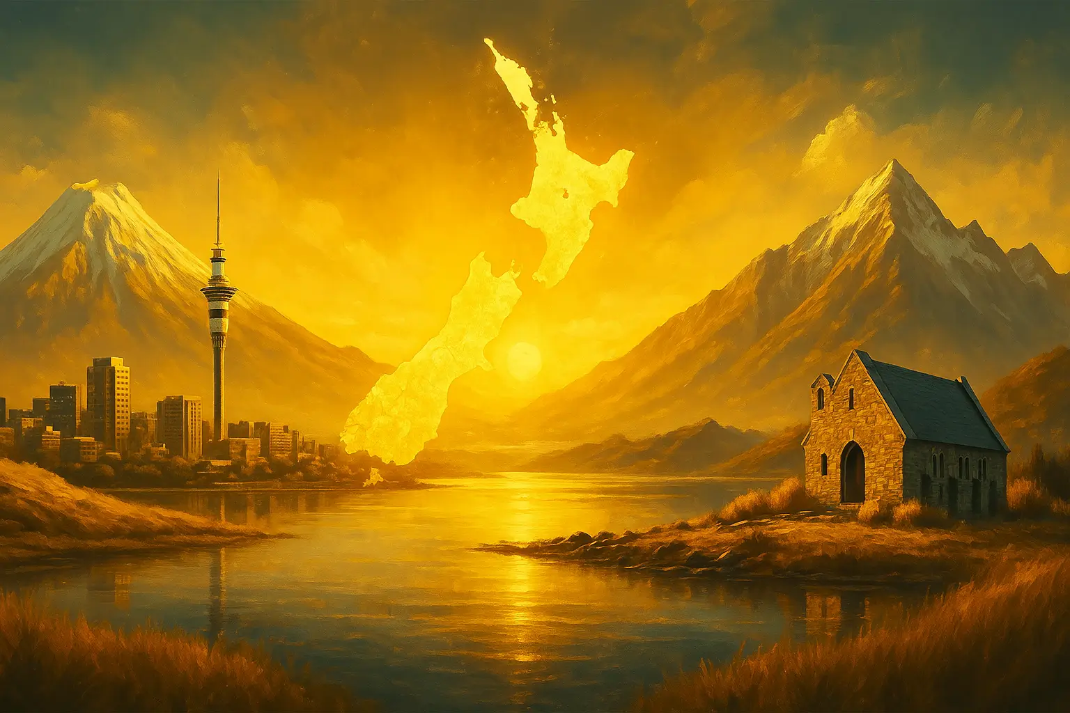 Sepia surrealistic art of NZ landmarks including Mount Taranaki, Sky Tower, and glowing map of islands