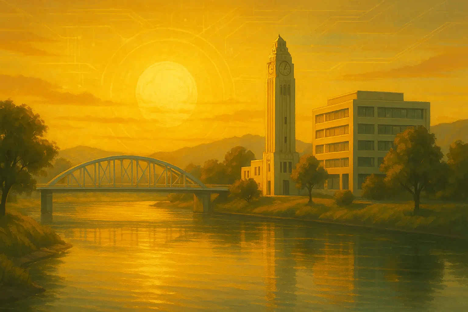 Sepia surrealistic art of Palmerston North landmarks including Clock Tower and He Ara Kotahi bridge