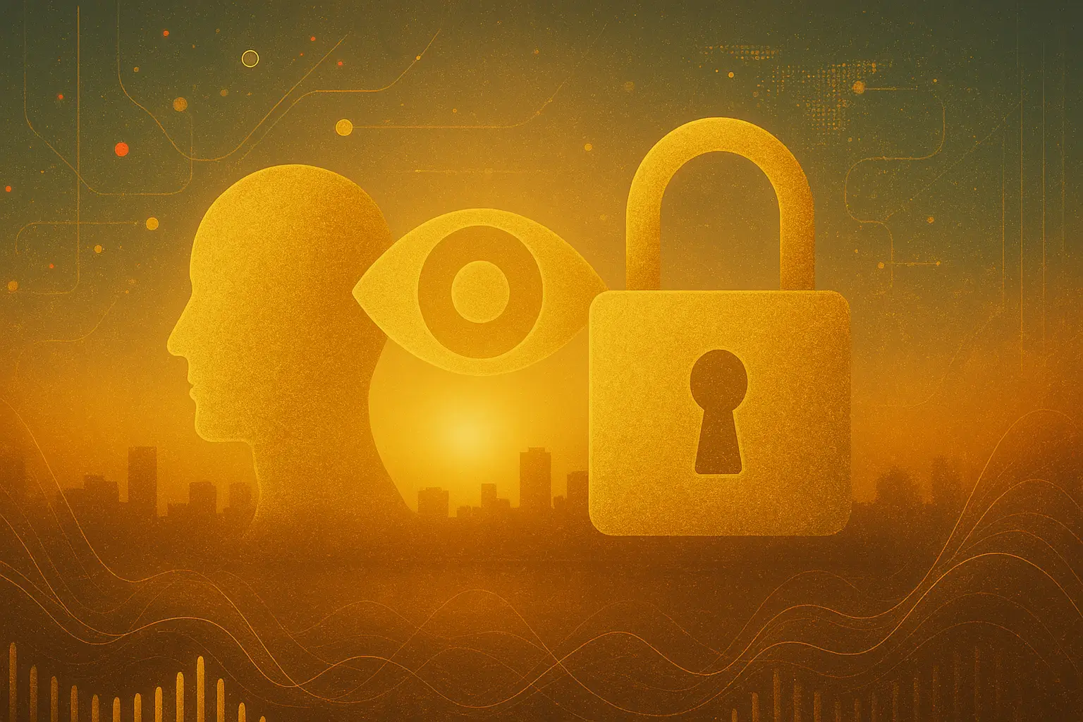 Head, eye, and secure padlock representing online privacy and data protection