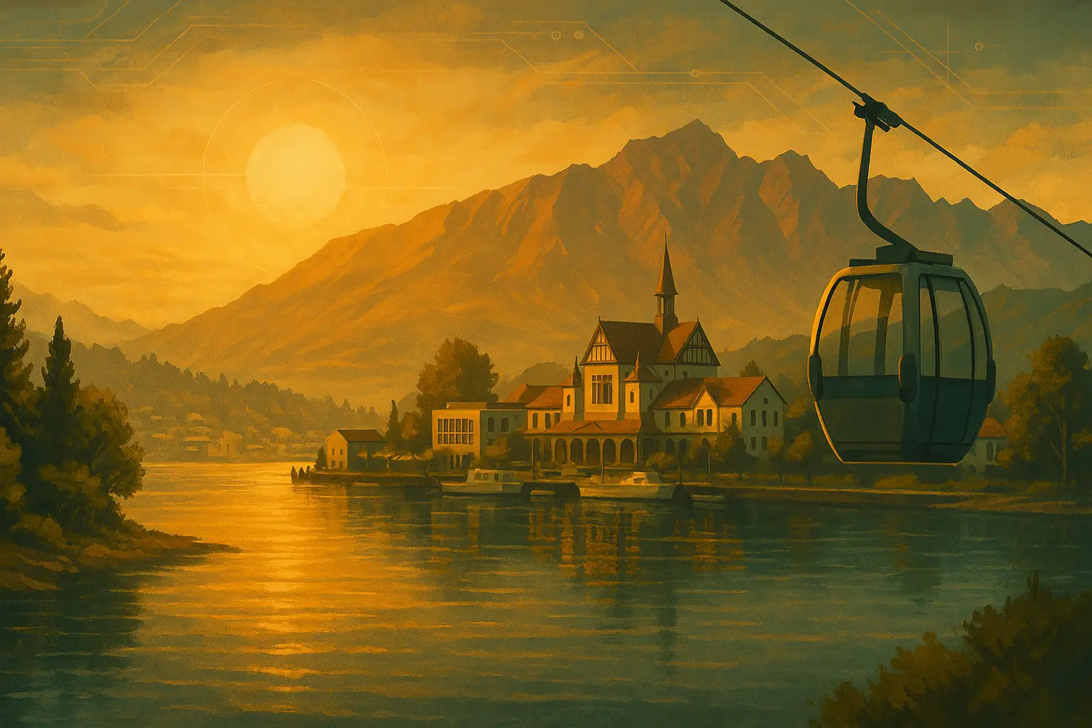 Sepia surrealistic art of Queenstown landmarks and coastline