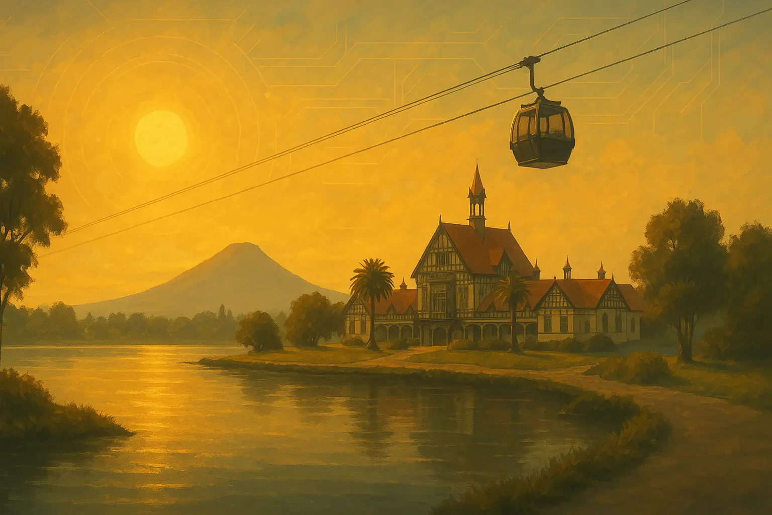 Sepia surrealistic art of Rotorua landmarks including cable car and Rotorua Museum