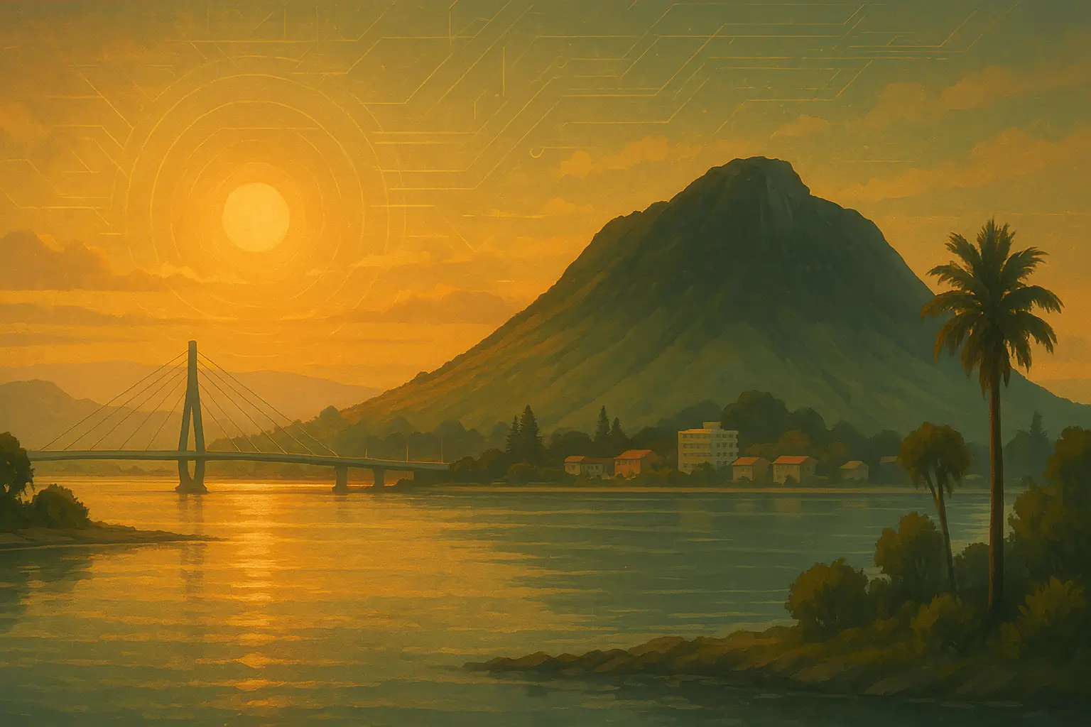 Sepia surrealistic art of Tauranga Bridge and Mauao (Mount Maunganui) mountain