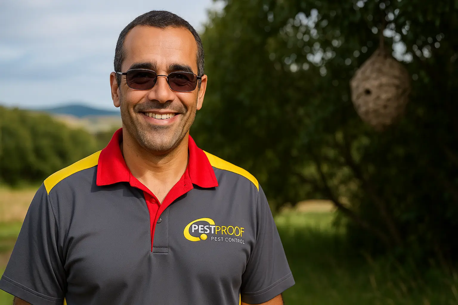 Pestproof Pest Control technician in branded uniform providing Wairarapa wasp removal and ant control services outdoors