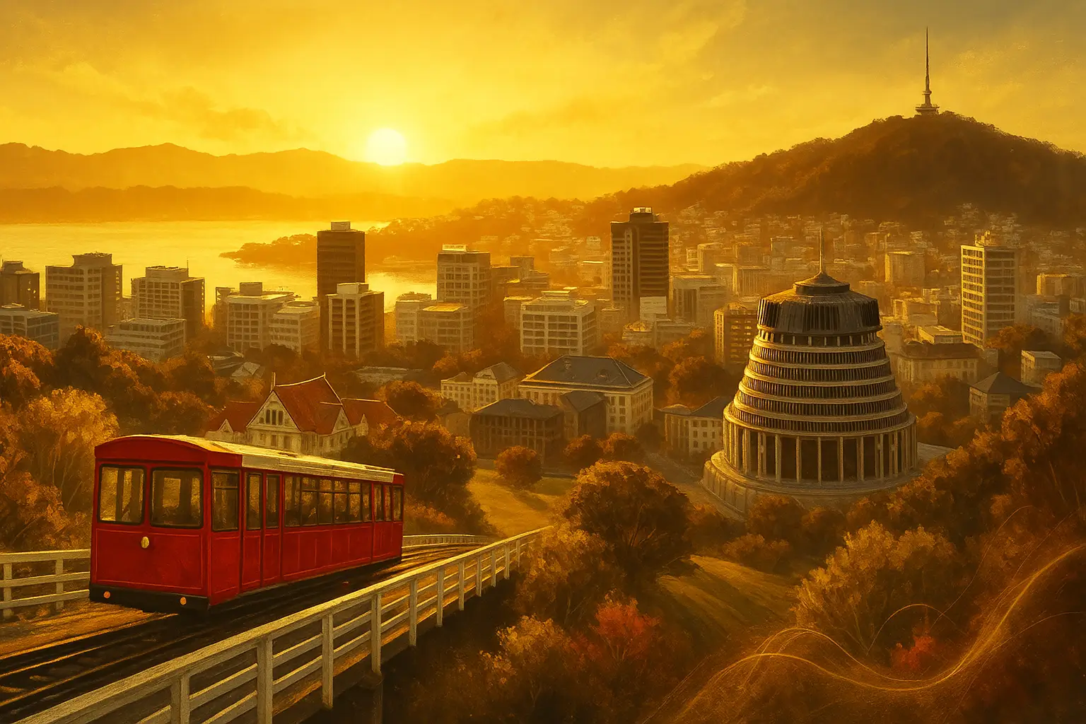 Sepia surrealistic illustration of Wellington with the Beehive, red tram, and shoreline