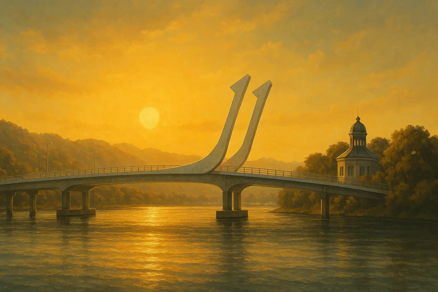 Sepia surrealistic art of Whangarei landmarks including Whangarei Hotel and Te Matau a Pohe bridge