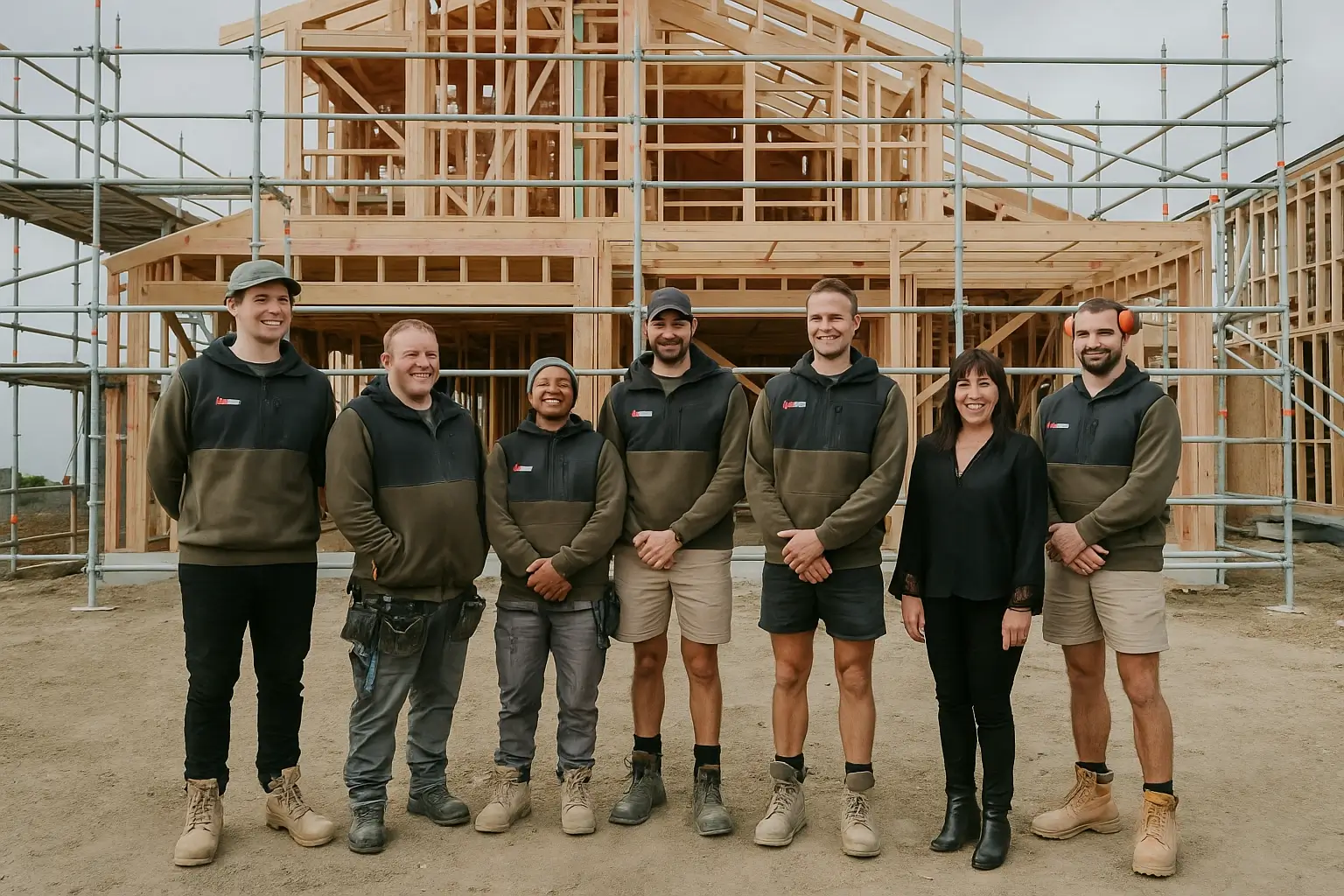 Lockhart Construction team in front of a timber-framed home under construction in Wellington
