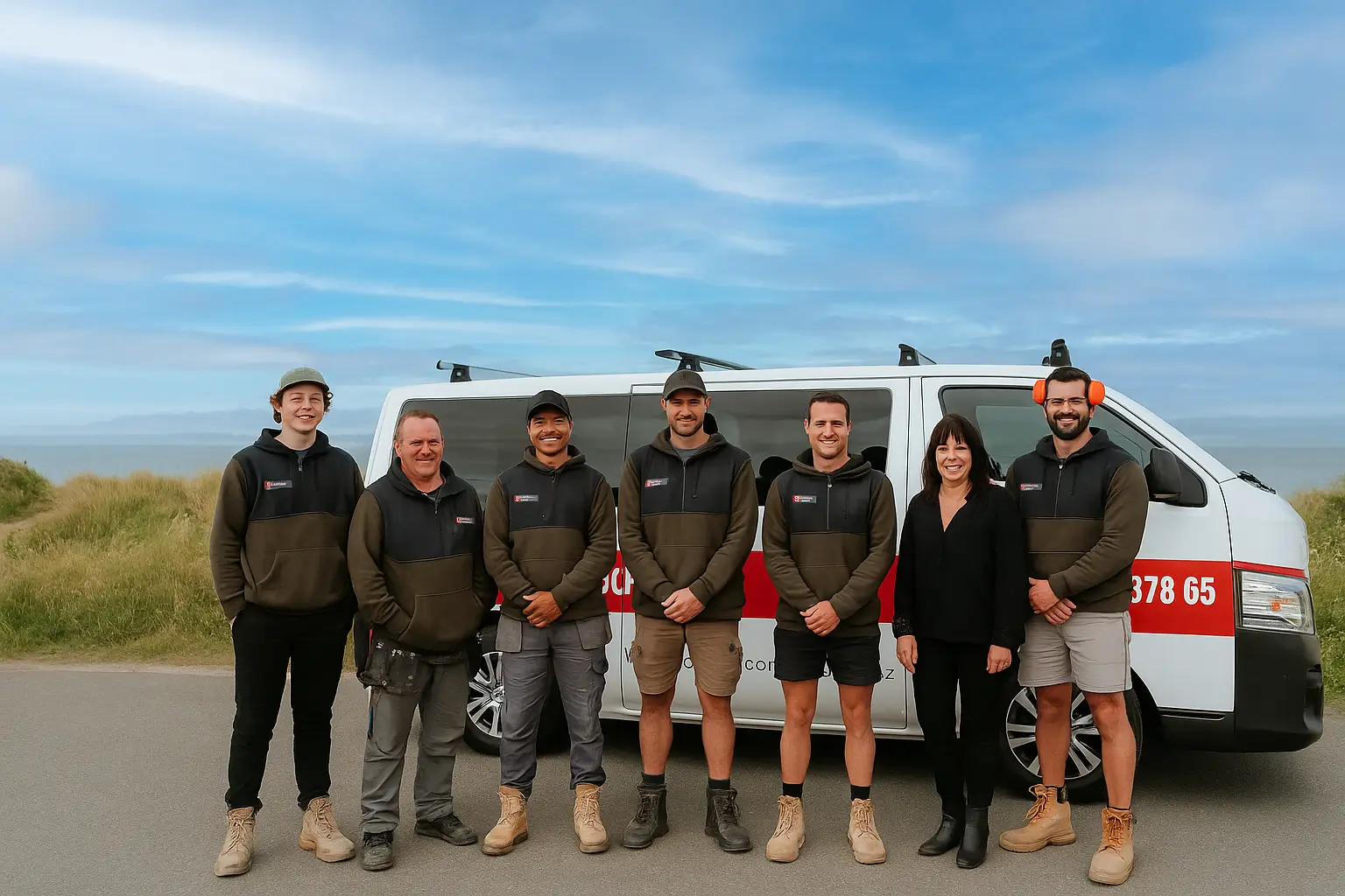 Lockhart Construction team standing in front of branded company van in Wellington